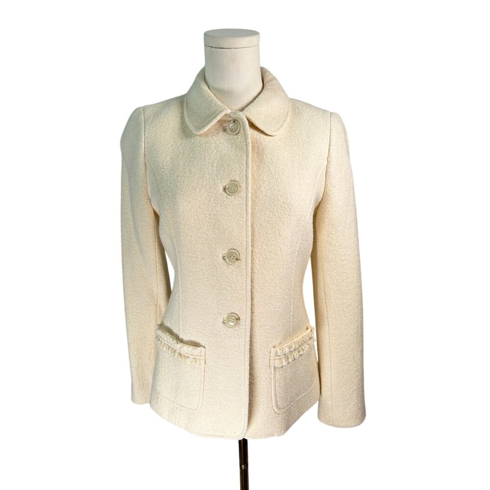 Talbots Wool Blend Cream Blazer Jacket 2P Petite Ruffle Trim Quiet Luxury Preppy